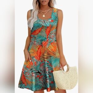 Tropical Leaf Print Sleeveless Dress